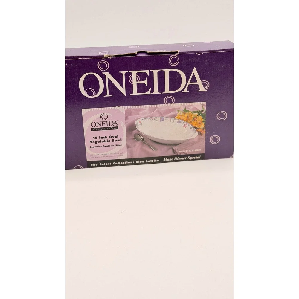 Oneida Blue Lattice 12 Inch Oval Vegetable Serving Bowl Fine Porcelain U130769